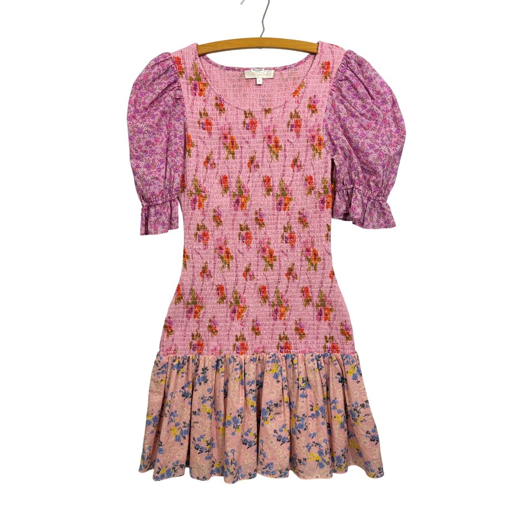 LoveShackFancy Luppa Pink Floral Smocked Mini Dress Puff Sleeve Size M - Picture 2 of 8